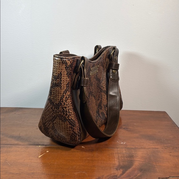 Y2K Billabong Brown Snake-Print Shoulder Bag with Leather Trim Woman Medium Size - Picture 4 of 14